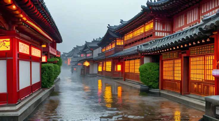 arafed view of a village with a lot of lights on the buildings, dreamy chinese town, chinese village, amazing wallpaper, japanese town, japanese village, hyper realistic photo of a town, old asian village, japanese city, by Raymond Han, rainy evening, cybe...