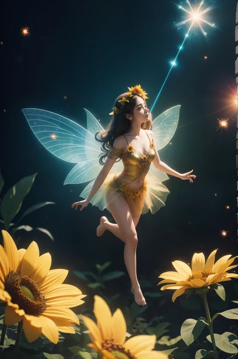 1girls, solo, a little fairy in sun flower, fantasy, fantasy fairy, 8k, photography, dark background, ((particle FVX background, light particle FVX))