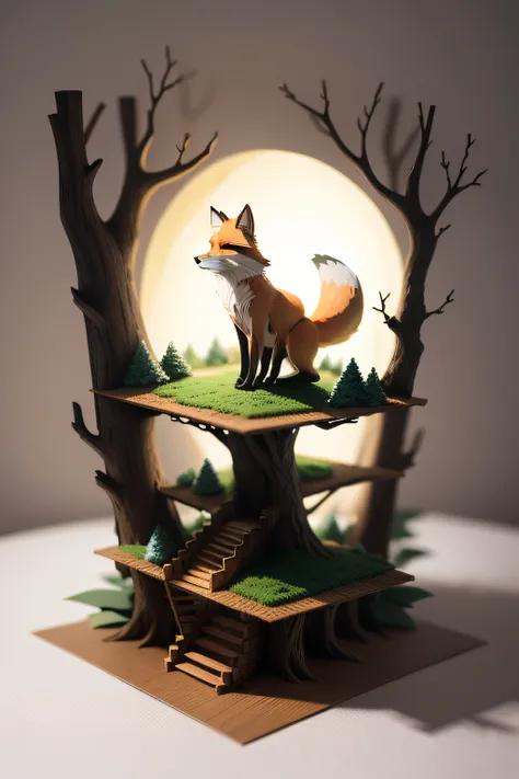 Fox in the forest，Multi-level tree，Multi-layer paper cutout