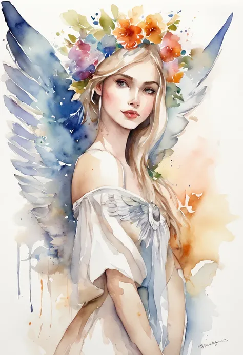 (FULL BODYSHOT:1.4),  White background, (1 Angel Girl,Gamine、Glowing wings, Halo, Exquisite headdress, Smile), (watercolor paiting, Geometry), highly colorful