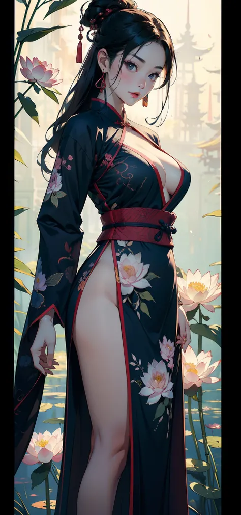 chinese paintings，Gongbi drawing style，ink，legends，Purple background，deep Purple，Dark tones，Pink big breasts，lotuses，foreground，lotus flower，Green bamboo vista，（snow landscape），（（Ancient Chinese red Hanfu beauty standing in a sea of flowers smiling）），Melon...