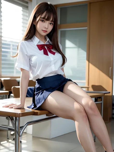 Masterpiece, full body shot, front view, young pretty woman in Japan, sitting on a desk in a classroom with a big smile, glamorous figure, wearing a shiny silk collared white shirt with short sleeves, a shiny red satin plain bow tie, wearing a long length ...