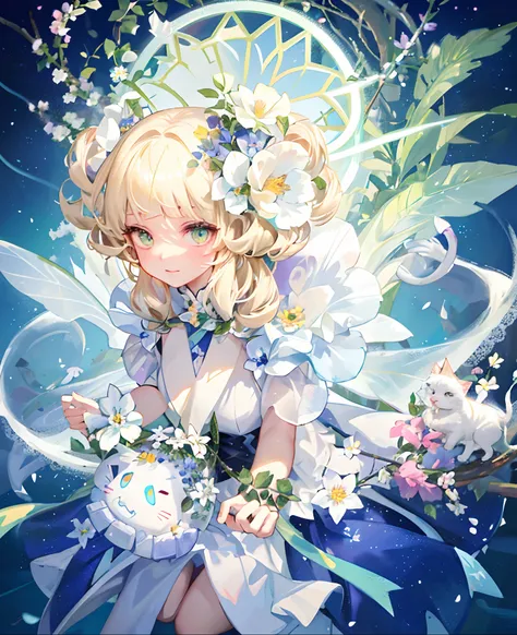 with colorful flowers and greenery，one-girl，Transparent white skirt，the Flower Fairy，coiffed blonde hair，A white cat，Magic wand，Luminous pentagram，Colorful flowers cover the picture，The whole scene is full of youthful energy。