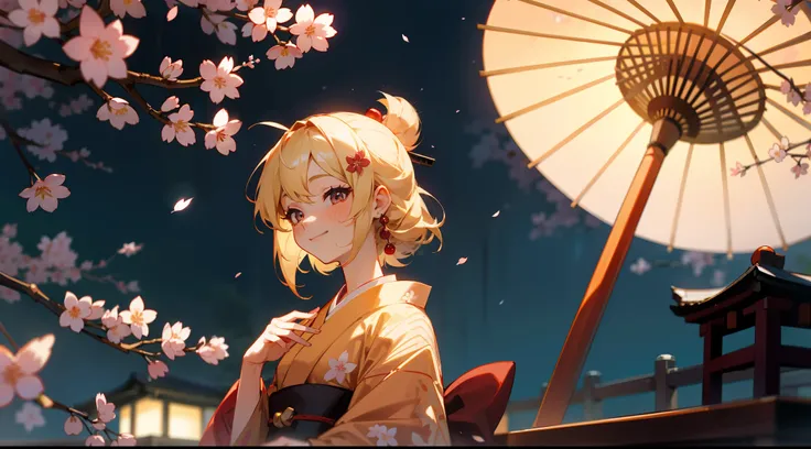 Hanai geisha lamp Japanese night woman smiling hair coiled blonde hair clip cherry blossom head hand sleeve kimono，Cherry blossoms are blooming