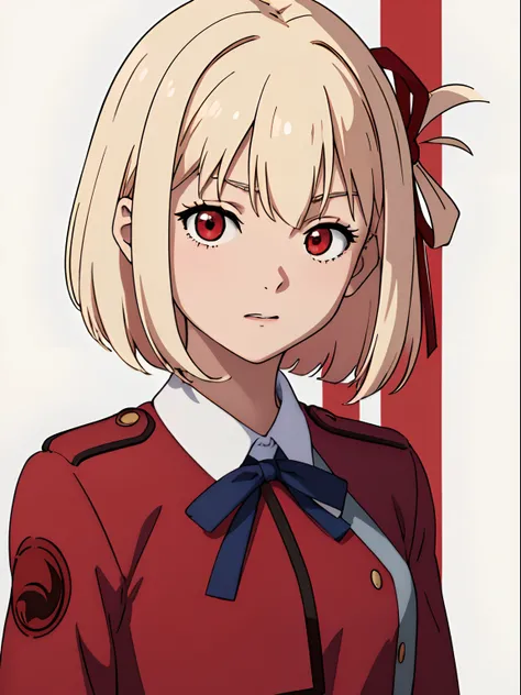 simple background、(​masterpiece、top-quality:1.2)、((facing front:1.2))、With bangs、Young woman at 17 years old、((The upper part of the body:1.2))、Promotional Art、offcial art、red school uniform、platinum-blonde、Red ribbons、red eyes