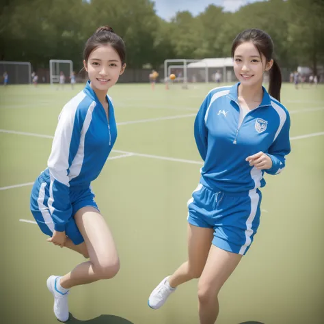 1 very beautiful female high school student，Wear blue and white tracksuits，Play basketball on the school playground，Super high value，perfect body figure，Beautiful short ponytail，Delicate hair，Fair face and skin，There are beads of sweat hanging down，Have fu...