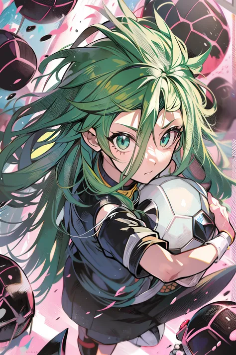 Menino de anime com cabelo verde sentado em um campo de futebol segurando uma bola de futebol, 2 d estilo anime, Otaku Gangasta, Arte Oficial, fanart oficial, arte oficial, Kentaro Miura estilo de arte, kentaro miura manga art style, illustration Anime sty...