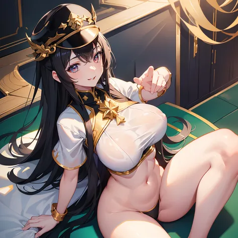 Ultra-detailed CG drawings、(​masterpiece:1.4)、top-quality、a smile、Black long hair、Shiny hair、Cap cap、white t-shirts、Exposed thighs、Cute Girl、((enchanting posture:1.2, enticing:1.2)), From  above、（SHINES)、Best Shadows