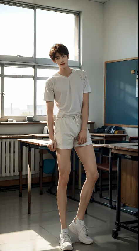 （A 15-year-old junior high school boy stands in a classroom：2），（malefocus），（full bodyesbian）Height 200 cm，Slender legs，der riese，Tall guy，Tall，broad shoulder，Shota，Round face and pointed chin，（The face of the animated male protagonist），Happy smile，tilts yo...