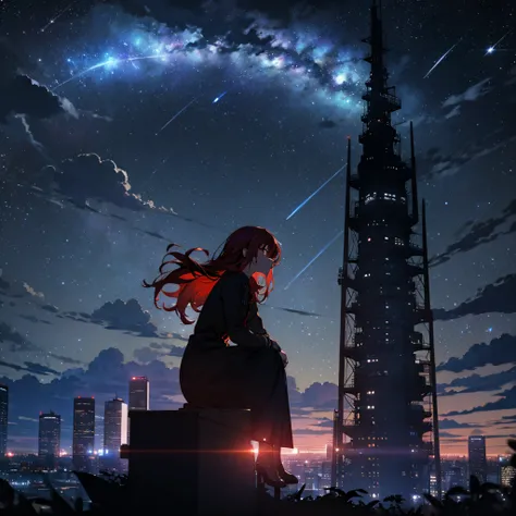 sky, star (sky), scenery, starry sky, night, 1girl, night sky, solo, outdoors, building, cloud, milky way, sitting, tree, long red hair, city, silhouette, cityscape, stars into circle in the sky.