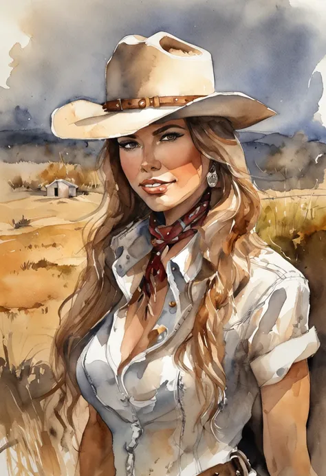 1 mulher, cowgirl, anatomia perfeita, corpo inteiro, cabelos pretos, olhando para o observador, long eyelashes, kalap, colete de couro, camisa branca amarrada na cintura, cinto de cowboy com fivela prata, shorts jeans, pantyhose, cowboy boots, old west cen...