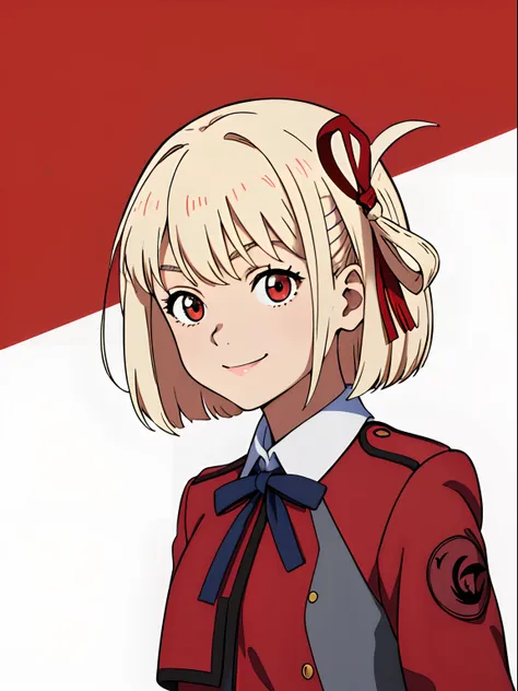 simple background、(​masterpiece、top-quality:1.2)、((facing front:1.2))、A big smile、With bangs、Young woman at 17 years old、((The upper part of the body:1.2))、Promotional Art、offcial art、red school uniform、long-sleeve、platinum-blonde、Red ribbons、Amber eyes