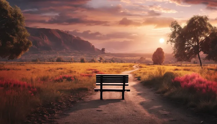 A lonely gentleman sitting on a bench in the middle of a muddy road and a beautiful scenery of nature, final de tarde, sun sunset