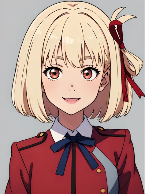 simple background、(​masterpiece、top-quality:1.2)、((facing front:1.2))、A big smile、With bangs、Young woman at 17 years old、((The upper part of the body:1.2))、Promotional Art、offcial art、red school uniform、long-sleeve、platinum-blonde、Red ribbons、Amber eyes