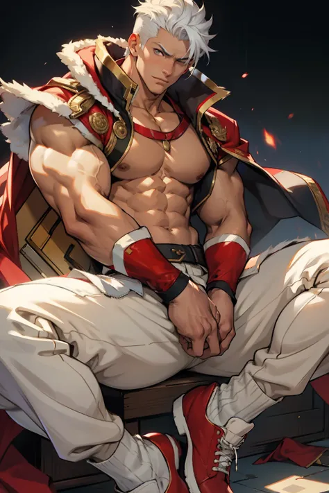 Highest image quality，male people，child，1 boy，Young and handsome，shoun，White color hair，Short flat top hair，Dark  skin，anime big breast，anime wallpaper，Solo，malefocus，Briefs，Dilation of the pectoral muscles，Red cape，Bulging crotch，Urban background，spread t...