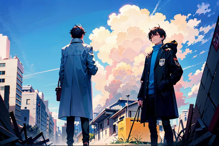 a teenager boy on, Multi dimentional world, earth collapse, blue sky, messed city, master piece, best quality, coat, high resolution, detailed description of face