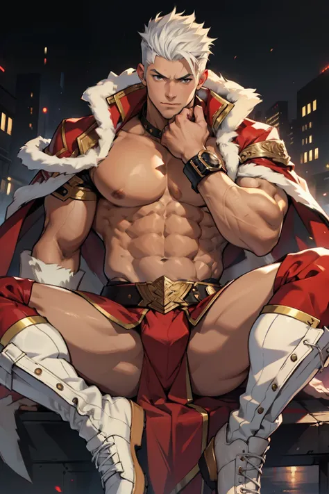 Highest image quality，male people，child，1 boy，Young and handsome，shoun，White color hair，Short flat top hair，Dark  skin，anime big breast，anime wallpaper，Solo，malefocus，Briefs，Dilation of the pectoral muscles，Red cape，Bulging crotch，Urban background，spread t...