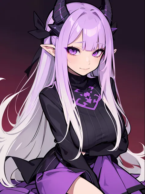 femele，a matural female，Gentle，Gorgeous Hair in Long Purple，Qi bangs，voluminous hair，Dragons horn，gothic clothing，Huafu，high-necksweater，long  skirt，gorgeous hair accessory，magestic，orthofacial，ssmile，gentle expressions