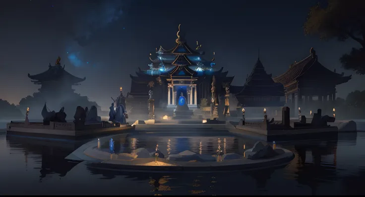 Night view with fountain with water and lamps in front of the building, mysterious temple setting, Temple background, submerged temple ritual scene, underwater shrine, submerged temple scene, water temple, Zen temple background, moonlit starry sky environm...