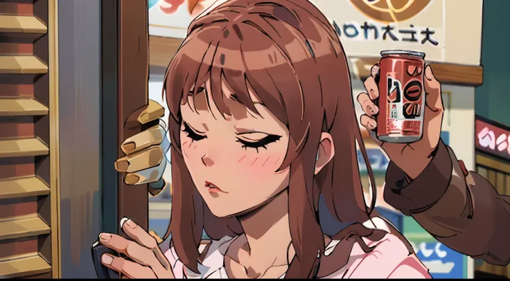 animesque、delicate、brown hair、black canned coffee、kawaii girl、closing your eyes