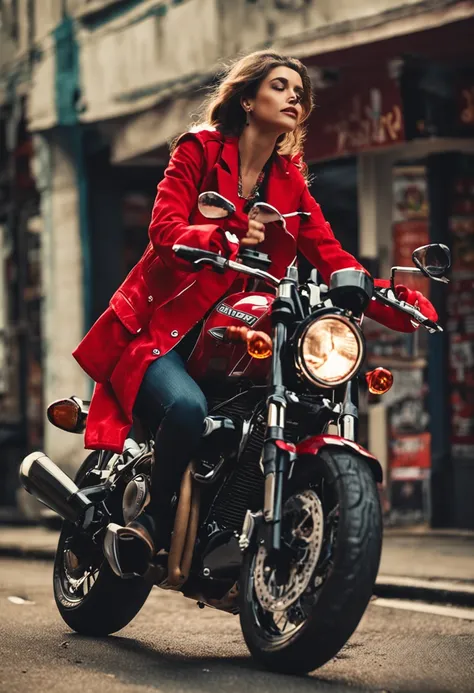 girl wearing red jacket in a big bike