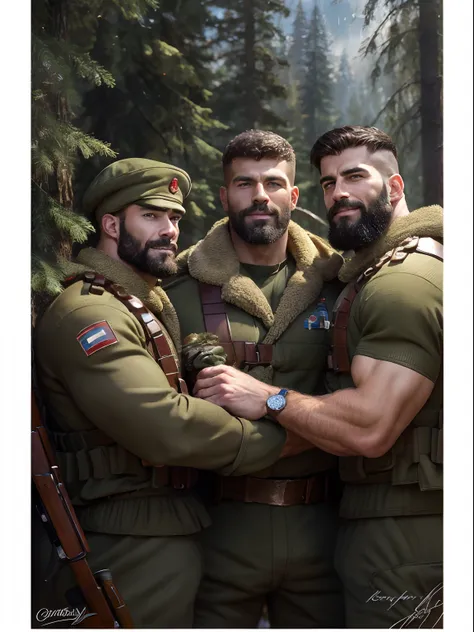 a three muscular soviet union soldiers on vacation, hairy body, alpha male, huge biceps, ripped abs, shaggy hair, pine forest ba...