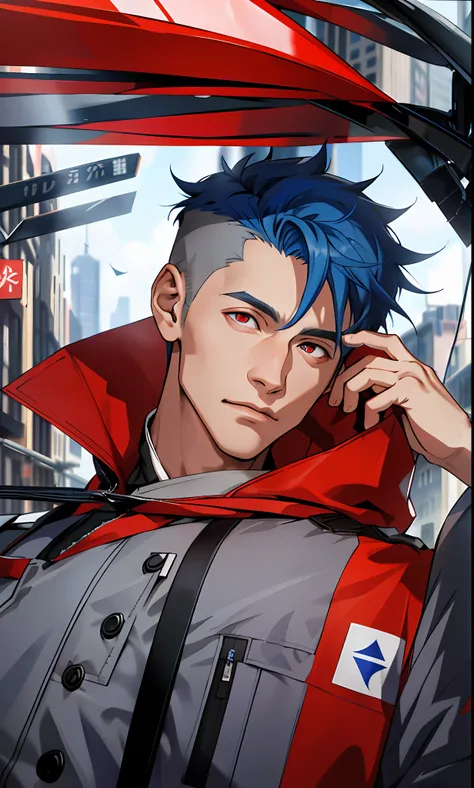 (Masterpiece, best quality, ridiculous), 1 person: 20 years old, detailed eyes, blue hair color head style, red eyes, gray jacket, upper body, ((city background))