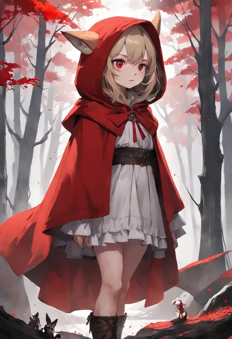 tmasterpiece，A high resolution，mistic：1.2）Beautiful Little Red Riding Hood，Little Red Riding Hood floated in the air with a cold expression。She looked twelve or thirteen years old，The complexion is pale，Tall and tall，Cold and glamorous，Full of wildness，Her...