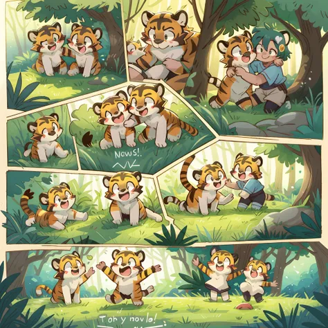 top quality, best quality, highres, masterpiece, super high resolution, detailed background, grass field(animal tigers play with human children)petting, hug, biting, smile, joyful, chibi, absurdres(highly detailed beautiful face and eyes)perfect anatomy, g...