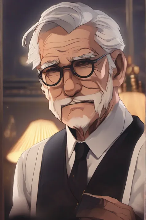 /imagine handsome old man butler wearing Rounded eyeglasses