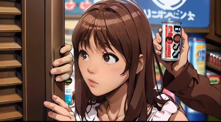 animesque、delicate、brown hair、canned coffee with milk、kawaii girl