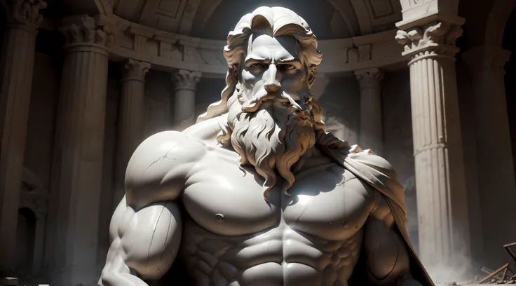 Zus Greek statue portrait marble sculpture of a face of god in a wrecked place, beard, muscular, full body, with a spleen raising a ray, cinematography, epic light and shadow, high contrast, professional photography, dark backgroud