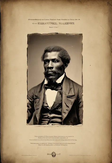 Portrait of a tall, strong young black man wearing leather in 1800s Direction: Samuel Washington Weis, Foto cortesia Museu de Arte, historic portrait, inspirado em bloodborn, Retrato de Frederick Douglass, um homem negro com longos cabelos cacheados, Direc...