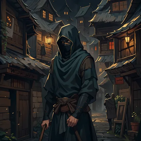 A man completely covering his face with fabrics like an Islamic mascarat or a ninja cloth mask He is in a deserted medieval town is in a medieval town wooden houses dark shades black clothes Dark and gloomy environment in a medieval Art RPG Art Art RPG