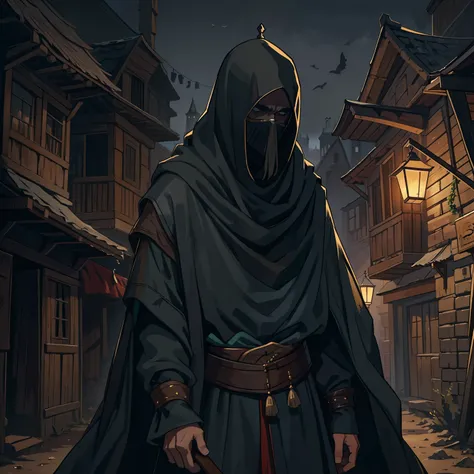 A man completely hidden by the robes wearing a xador desert costume traditional Islamic clothes He is in a deserted medieval town is in a medieval town wooden houses dark shades black clothes Dark and gloomy environment in a medieval Art RPG Art Art RPG