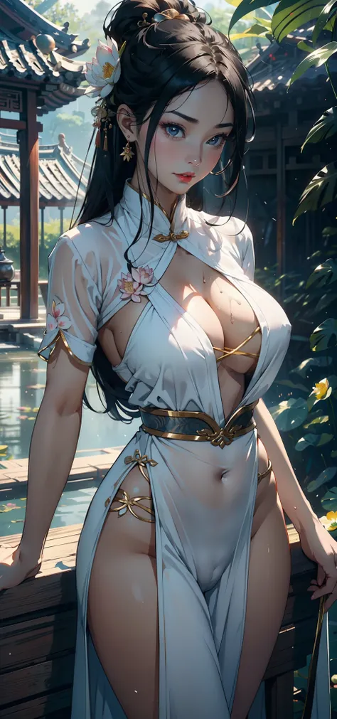 1female，36 years old，熟妇，mature，Bigchest，Big breasts Thin waist，long leges，Raised sexy，Pornographic exposure， 独奏，（Background with：Surrounded by lotus flowers，bamboo forrest，Lotus pond） She has short black hair，standing on your feet，Sweat profusely，drenched ...