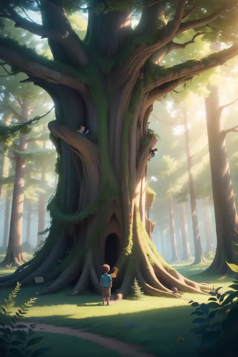 Drawing of the scene where Mia and Leo find a Giant tree in the Enchanted Forest, 8k cartoon