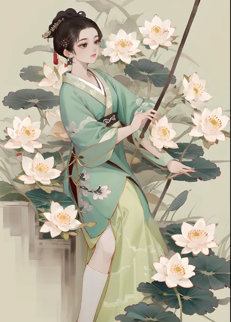 ((4k,masterpiece,best quality)), shuimobysim, Traditional chinese painting, lotuses, Hanfu, maxiskit, Dress conservatively 1girl, solo, ponds，short  skirt，shoulder-length short hair，dual horsetail