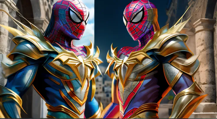 Spiderman in a virgo shaka armor, armored, shaka virgo, saint seya armor, luzes refletindo, hiper realista, hiper detalhado, melhor qualidade, qualidade superior, realista, detalhado, 8k, cinematic lighthing, greece scenary