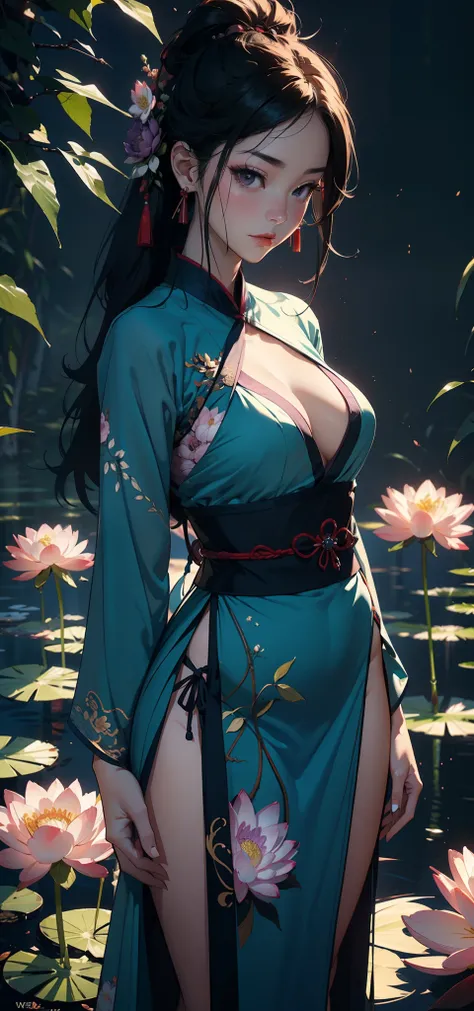 legends，Purple background，deep Purple，Dark tones，Pink big breasts，lotuses，foreground，lotus flower，Green bamboo vista，（snow landscape），（（Ancient Chinese red Hanfu beauty standing in a sea of flowers smiling）），Melon seed face，Willow eyebrows，Cherry small mou...