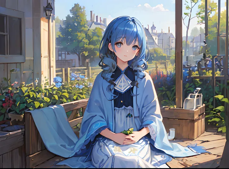 (Masterpiece, Best quality:1.3), ((illustration), Detailed eyes, Detailed face, ((still-life)), ((1 Charming blue-haired girl)), ((Peaceful)),, Brown eyes, Curly hair, (blanket), Blue pattern, ((soft)), (mid afternoon),  Garden view,