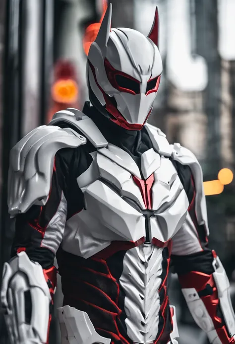 Kamen Rider costumed as batman, full white color, high tech, cyberpunk style , face detailed, realistic, standing , full body