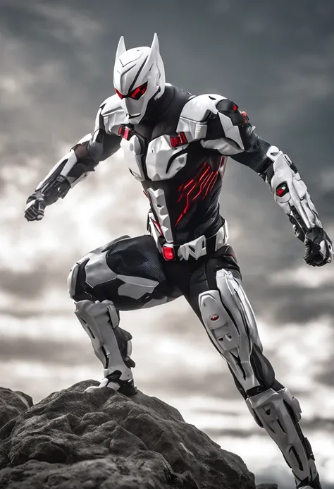 Kamen Rider costumed as batman, full white color, high tech, cyberpunk style , face detailed, realistic, standing , full body