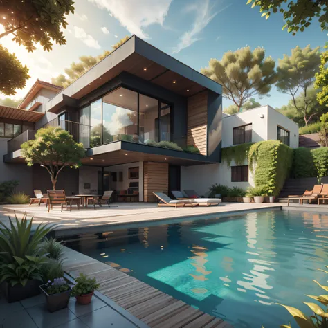 Organic modern architecture on a fairly large plot, There is a swimming pool in the middle of a large one-story house, cor da casa em vigas marrom chocolate e preto, large modern residence, telhados planos e jardim, render luxcore, render oktane, a photore...