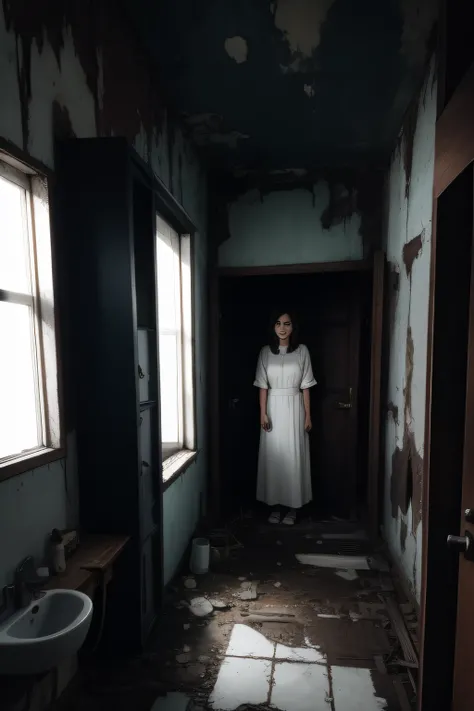 Dilapidated bathroom，Scary woman，White clothes