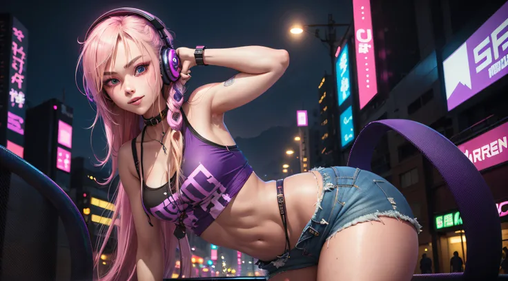 purplish neon cyberpunk japanese city with 1girl in the middle, the girl has long blonde hair, blue eyes, wearing hip hop style shirt, denim shorts, wearing headphones around neck, absurdres, high res, ultrasharp, 8K, masterpiece, looking at viewer, showin...