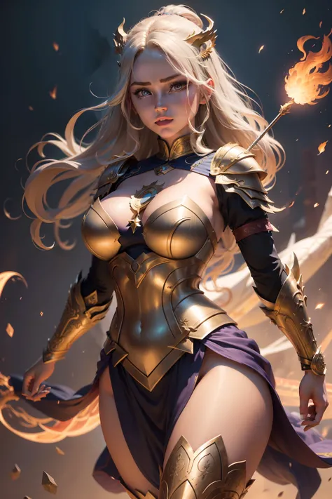 Wearing a super girl costume, A heroine, Full-body adolescent female Greek gods wear intricate armor，Control a fierce fire dragon, holding arrow, Glowing skin, Detailed cuirass, Wild flowing hair, bigbreasts, Art germ, Ultra-detailed intricate artistic tre...