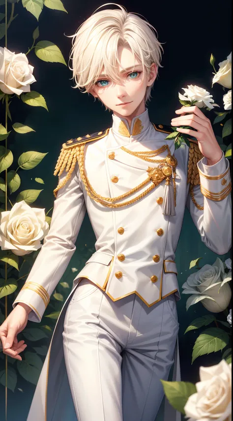 Young guy, short blonde hair with white strands, Green eyes, white officers uniform, ssmile, White rose in hand, Crystal Rose, Masterpiece, hiquality