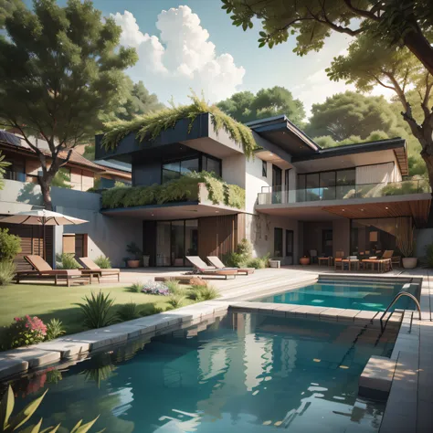 Organic modern architecture on a fairly large plot, There is a swimming pool in the middle of a large one-story house, cor da casa em vigas marrom chocolate e preto, large modern residence, telhados planos e jardim, render luxcore, render oktane, a photore...