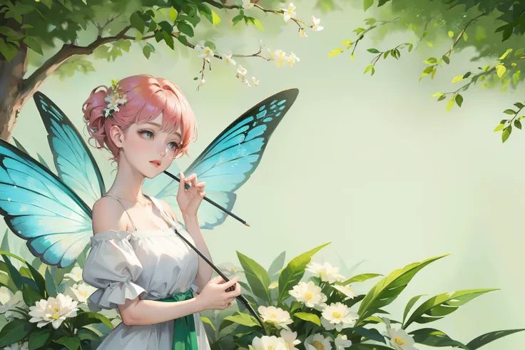 flower fairy, transparent colorful wings, magic wand，the background is forest，fresh flowers，green trees，outstanding quality，illu...